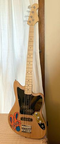 full shot of the completed bass, with all parts and strings