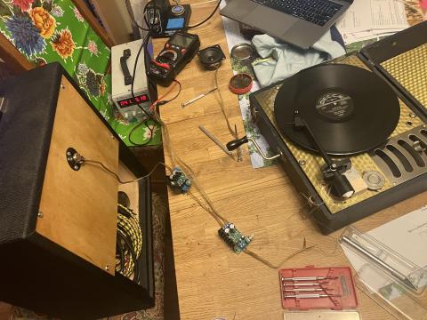 test setup for record player, with externally wired amp and speaker