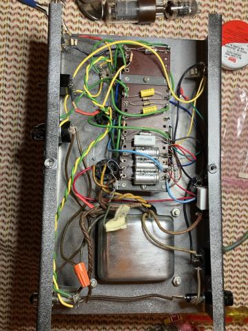 Champ chassis inside view, showing circuit board and components wired up